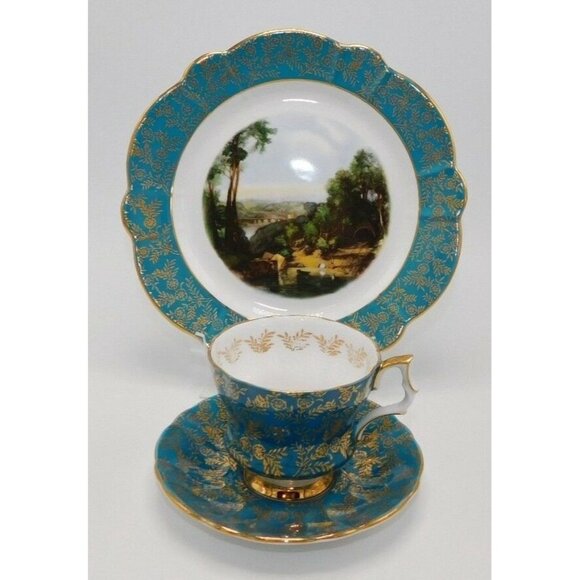 Royal Windsor Bone China Green & Gold Leaves Teacup Saucer Plate Set - Picture 3 of 10